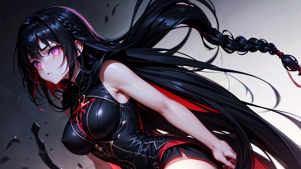 1 girl ,(large stigmata) , Kirchenruine, bloody rosary , (floating hair, floating skirt), ((Blutmeer)),From Side View, Characterfocus, ((Blacklight)),((dark lighting)), cinematic lighting ,(darkness), (conceptual art), ((Rape Face)) ,black long straight hair, black hair, Braided hairstyles, long straight braids, hair band , red eyes color, Short black dress, tight black dress, absolutes Territorium, Thigh high socks, (glowing eyes), high resolution,(incredibly absurd) ,Extreme detail CG Unity 8K wallpaper, ((masterpiece)), ((top quality)), (beautiful illustration), ((an extremely delicate and beautiful)), (masterpiece, best quality, ultra high resolution), black hair, pale skin, Black Crown, red eyes, bright_eyes, neon eyes, ultra detailed eyes, beautiful and detailed face, detailed eyes, (centered, torso), (tears), (wide angle shot:0.9), facing to viewer, eyeshöhe