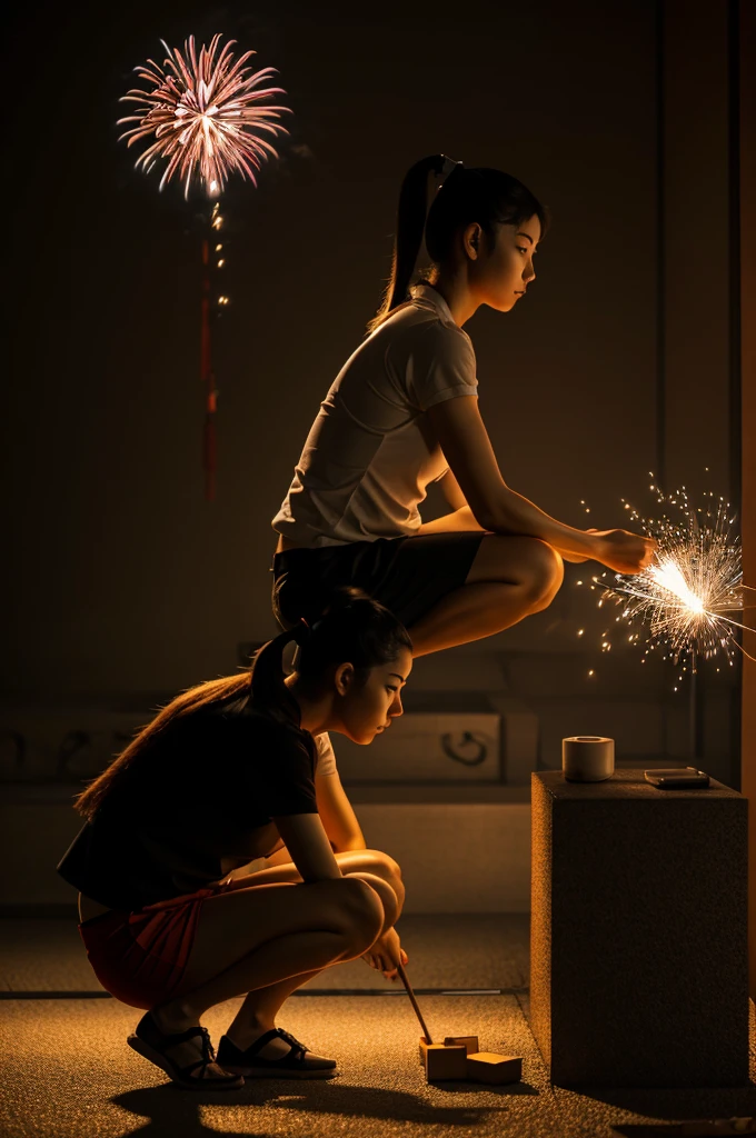 Side view of woman with Japanese ponytail holding fireworks in squatting position 4k resolution