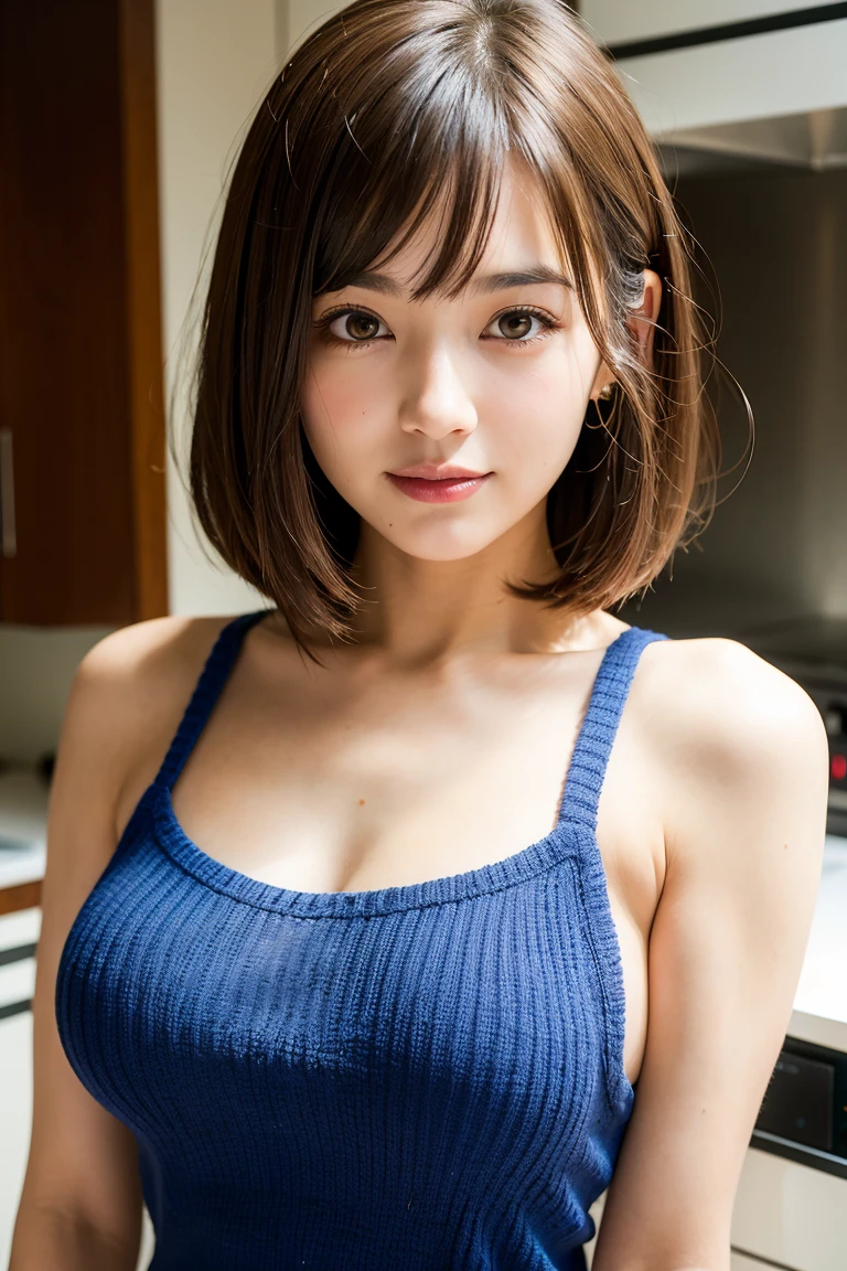 highest quality, face focus, soft light, ultra high resolution, (realistic:1.4), Raw photo,
1 Japanese girl, alone, cute,kind　 detailed beautiful face, (),(High resolution details of human skin texture),
indoor, ((Amazingly thin and tiny knit camisole dress)) beautiful breasts　　wearing an apron
(portrait)  High resolution focusing on the eye　smile　　see through bang　　　　The background is the protagonist　Wide and deep background　Luxurious and beautiful kitchen　thin eyebrows　beautiful breasts　very cute　beautiful fair skin　beautiful hair　　(Very stylish and beautiful straight bob hair:1.3)  