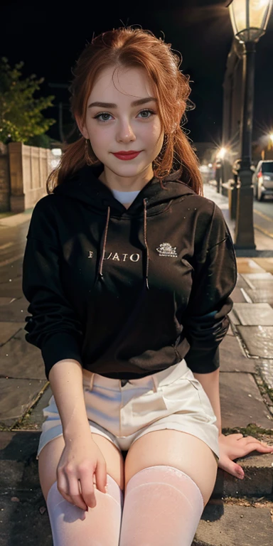 Photo oF a 16 year-old European girl, .RAW, very beautiFul woman, model , ( red hair ponytail) long red hair , redhead , freckles on cheeks , Nice smile , big smile , ((portrait)), ((detailed face:1.2)), ((detailed Facial Features)), (Piel Finamente detallada), pale skin、a sexy(cold color), wet, wet, ReFlectores, (Tabletop) (proporciones perFectas)(Fotos realistas)(The best quality) (detailed) FotograFiado con una EOS R5 de Canon, 50mm lens, F/2.8, NFFSW, (8k) (wallpaper) (cinematic lighting) (dramatic lighting) (Sharp Focus) (Convoluted) wears a purple hooded sweatshirt ,usa una sudadera con capucha color púrpura , tight short black pants , white stockings , chica Feliz , happy girl , park , evening , Red lips, green eyes , 16 year old teen senos grandes , pechos grandes , sexy , posando sexy