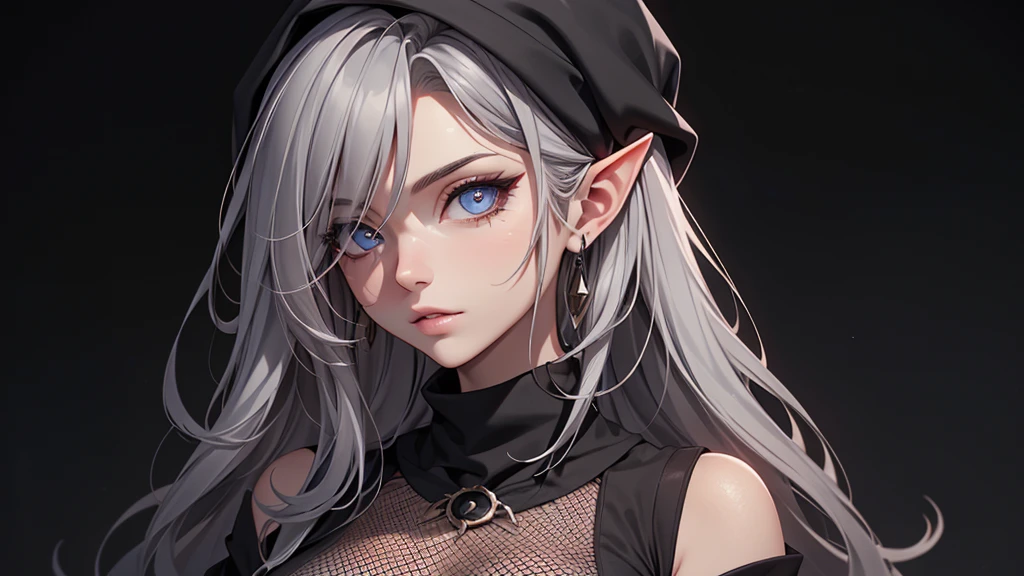 White elf girl, dark grey hair colour, very long flowing hair, grey eye colour, small eyes, Round eye shape, eyeliner, Realistic face shape. black shirt, portrait, wears a black hood, black backdrop, depth of field. look into the camera, dreamy look detailed eyes, detailed face, detailed skin, extremely detail, beautiful and aesthetic, masterpiece, best quality, Show shoulders. Fishnet fabric, round chin shape. wear a black hood over your hair. shows the entire upper body and face. wears a black hood, lots of flairs in the background, zoomed out, Black and white. glowing,
