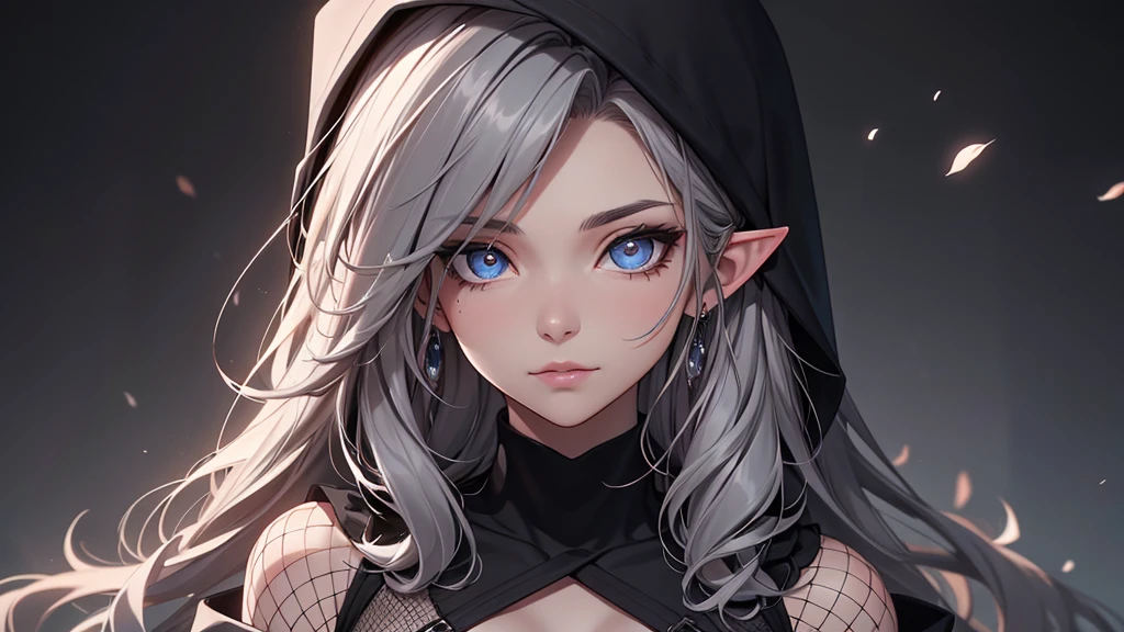 White elf girl, dark grey hair colour, very long flowing hair, grey eye colour, small eyes, Round eye shape, eyeliner, Realistic face shape. black shirt, portrait, wears a black hood, black backdrop, depth of field. look into the camera, dreamy look detailed eyes, detailed face, detailed skin, extremely detail, beautiful and aesthetic, ​masterpiece, best quality, Show shoulders. Fishnet fabric, round chin shape. wear a black hood over your hair. shows the entire upper body and face. wears a black hood, lots of flairs in the background, zoomed out, Black and white. glowing,