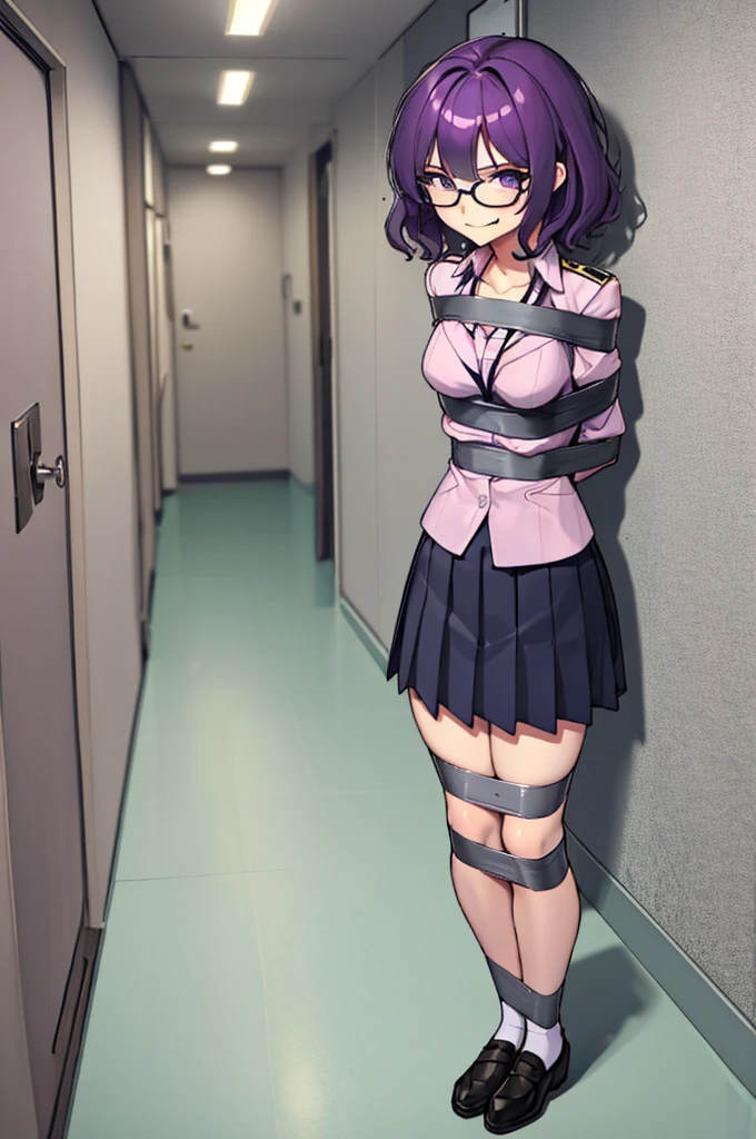 (masterpiece), best quality, expressive eyes, highres, anatomically correct, 1girl, perfect face, perfect hands, female, short hair, messy hair, wavy hair, purple hair, side bang, purple eyes, fair skin, medium chest, slight smirk, bondage, tied up, restrained, restricted, tied, harness, rope, arms behind back, hands behind back, purple glasses, school girl, school outfit, tight skirt, standing up, on feet, school hallway, school, hall way