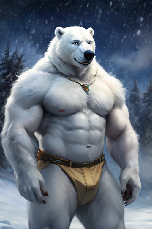 Polar bear stands looking at the sky Medium muscular, frozen planet setting, snowstorm , zoomed in on crotch, , chunie, darkgem