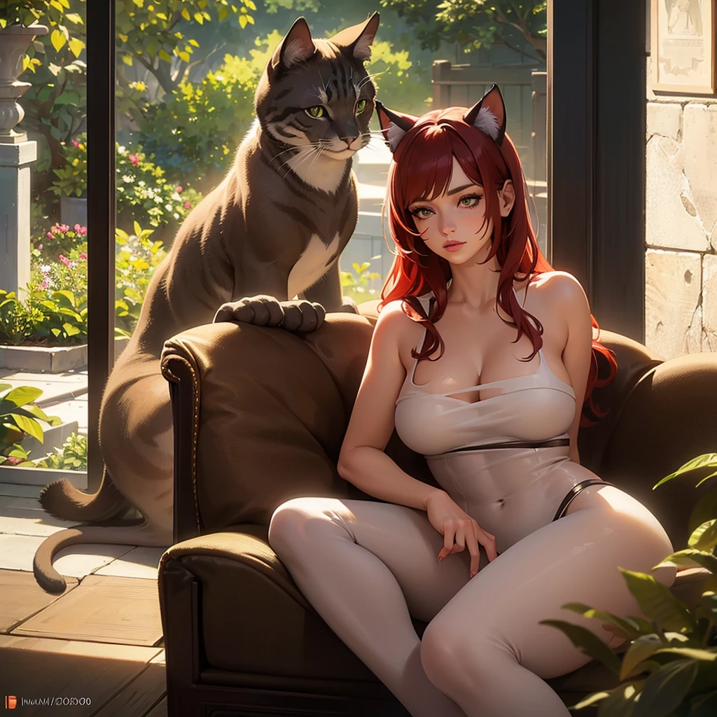 1 girl, hybrid woman and cat, drinking milk, wearing swimsuit, fair skin, green eyes, red hair, (best quality,4k,8k,highres,masterpiece:1.2),ultra-detailed,(realistic,photorealistic,photo-realistic:1.37),detailed facial features, detailed eyes and lips, beautiful detailed eyes, beautiful detailed lips, extremely detailed eyes and face, long eyelashes, feline features, cat ears, cat tail, graceful pose, peaceful expression, natural lighting, warm color tones, lush garden background, impressionistic style, cinematic lighting