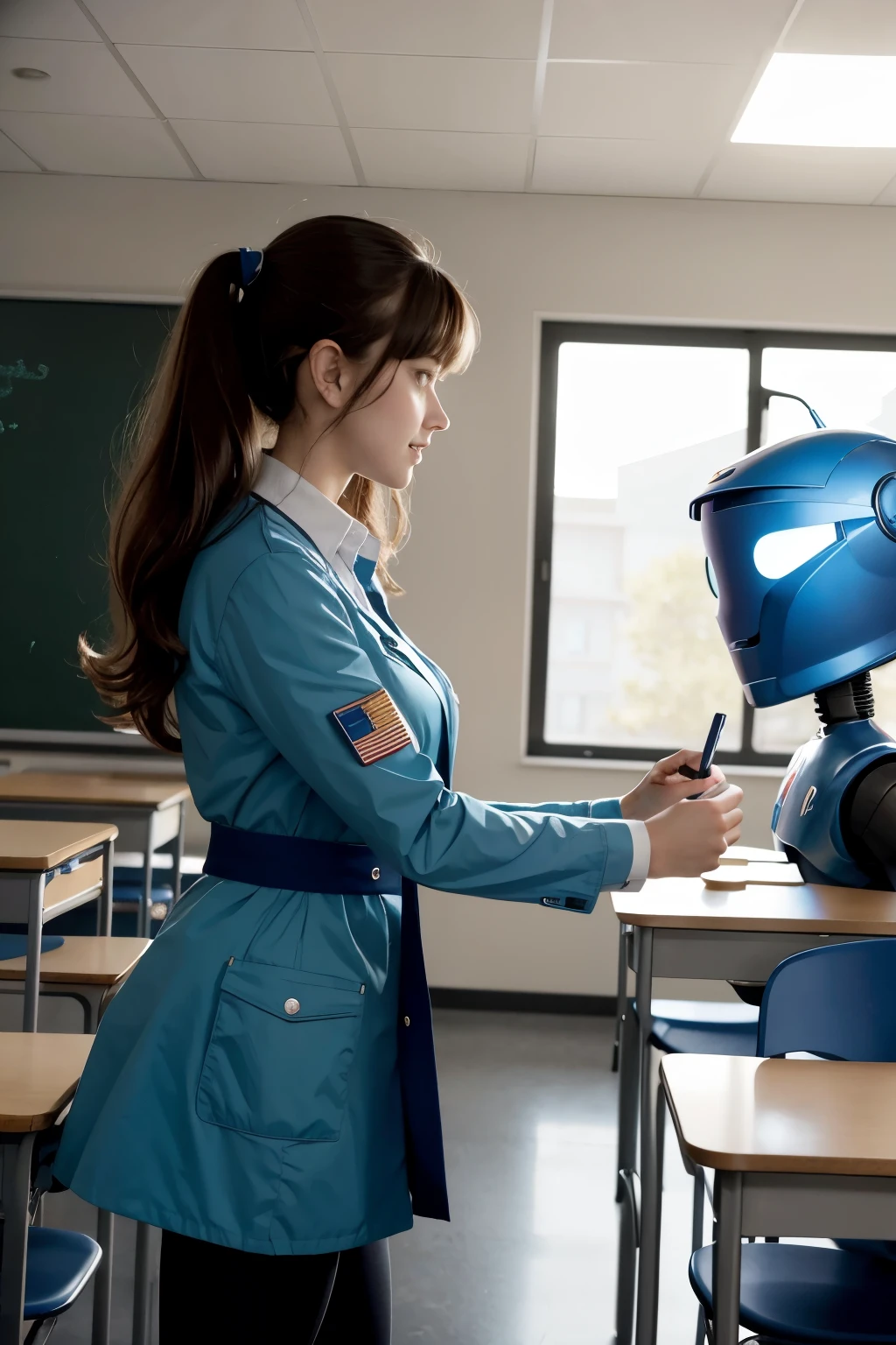 disney pixar cartton female character interacting with a robot in a classroom as a student at a vocational school.