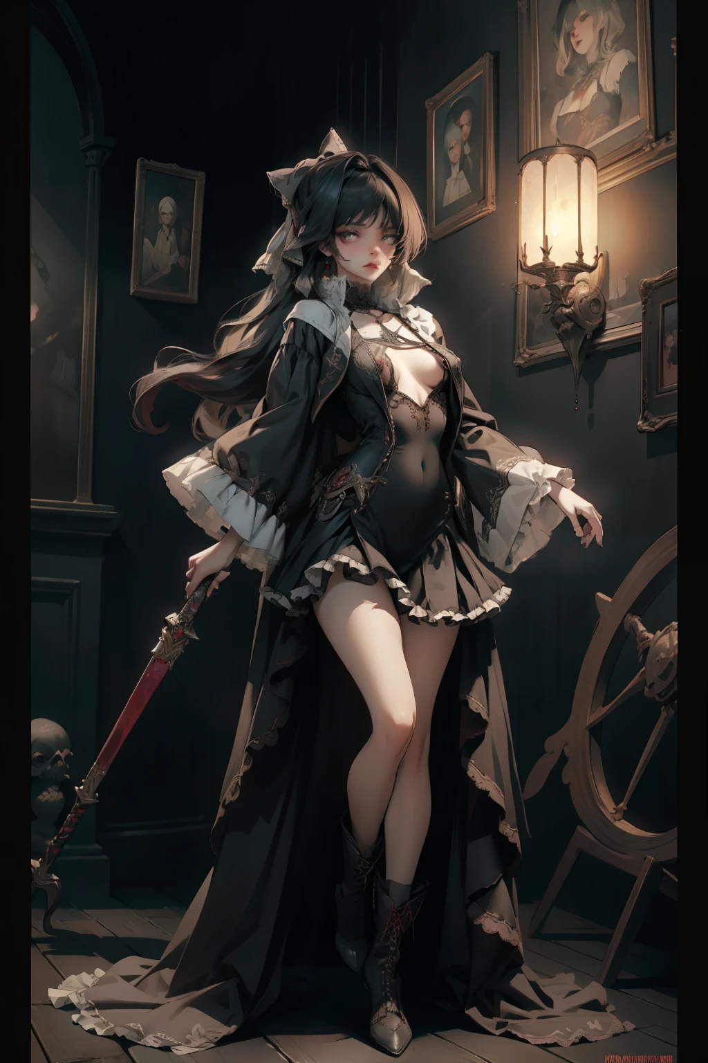 ((best quality)), ((masterpiece)), (detailed), very skinny, prominent collarbones, skinny arms, flat stomach, visible hip bones, red and white clothing, Bloodborne inspired, occult aesthetic, occult, detailed and intricate steampunk and detailed gothic, NSFW, Very dramatic and cinematic lighting, cosmic horror, grim-dark, side-lighting, perfect face, NSFW, Fluttering lace flared long knee length dress with frilly petticoats, knee length dress, pleated petticoats, dress, petticoats gothic lolitalex lace boots, side-lighting, gothic lolita aesthwielding a mighty sword with mechanical components, carbine, NSFW, beautiful small breasts, small breull body, wholebody, NSFW, full body, whole body, head-to-toe NSFW