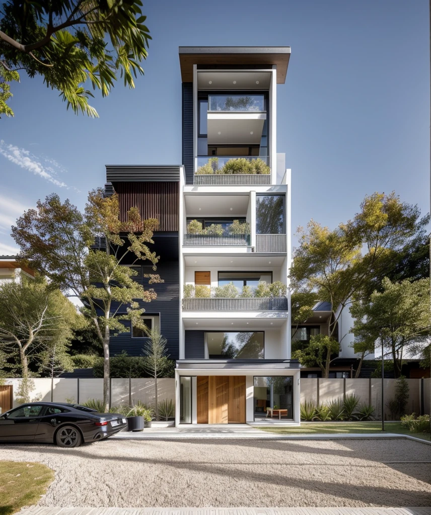 1 architecte moderne, main material by white wall and wood, 1 large courtyard, 1 road passes in front of the house,  (Photo brute, real, best quality, head of&#39;artwork:1.2), avoir l&#39;modern and minimalist look, 1 route devant la maison, dynamic lighting:1.3, (hyper realistic, photo-realistic:1.2), High quality, (dark lighting:1.2), perfect lighting, archquotidiennement, no&#39;humain, ASTHETIC ROAD PLATFORM