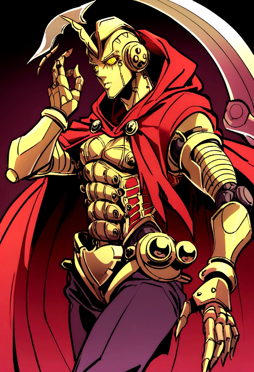 Stand jojo's bizarre adventure, robotic face, color red, wine lines all over the body, completely yellow eyes, hooded cloak, mechanical details on the body, uses a scythe, ghostly, robot, machine, few human traits