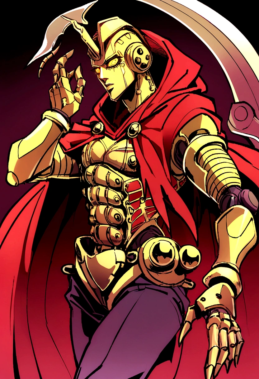 Stand jojo's bizarre adventure, robotic face, color red, wine lines all over the body, completely yellow eyes, hooded cloak, mechanical details on the body, uses a scythe, ghostly, robot, machine, few human traits