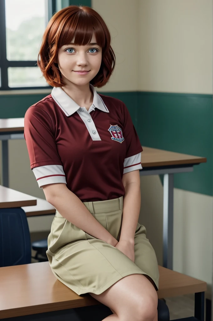 Screenshot My hero Academia.
Girl with bangs, short hair short and wavy and redhead. dark green eyes. Wears a nervous and happy expression. She is wearing the UA uniform and is supposed to have a UA school class and is sitting at a desk..