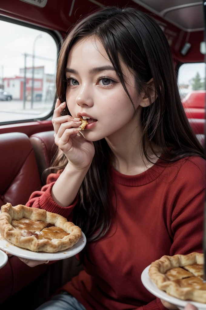 person eating a pie in a red cafeteria