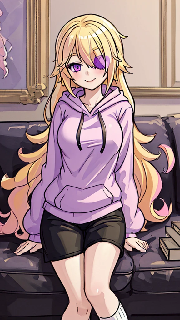 ((Best Quality)), ((Masterpiece)), (detailed), 1 girl, pajamas, pink hooded sweater, White socks, Pastel yellow hair, long hair, hair covers one eye, purple eyes, tight black shorts, big breasts, big thighs, expression smiling shy, background in a living room sitting on a sofa