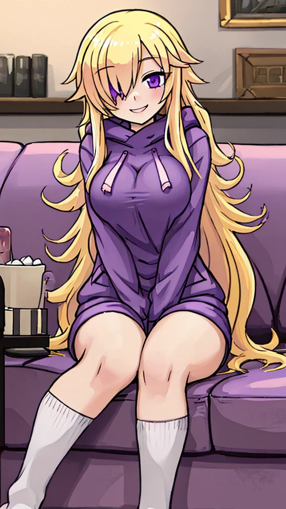 ((Best Quality)), ((Masterpiece)), (detailed), 1 girl, pajamas, pink hooded sweater, White socks, Pastel yellow hair, long hair, hair covers one eye, purple eyes, tight black shorts, big breasts, big thighs, expression smiling shy, background in a living room sitting on a sofa