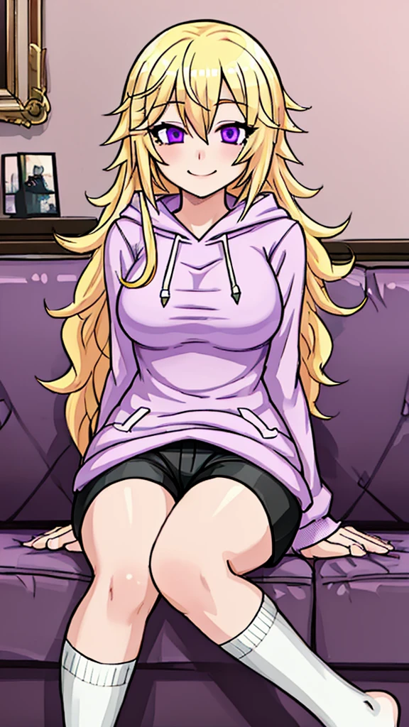 ((Best Quality)), ((Masterpiece)), (detailed), 1 girl, pajamas, pink hooded sweater, White socks, Pastel yellow hair, long hair, hair covers one eye, purple eyes, tight black shorts, big breasts, big thighs, expression smiling shy, background in a living room sitting on a sofa