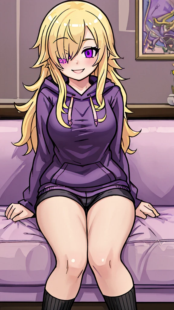 ((Best Quality)), ((Masterpiece)), (detailed), 1 girl, pajamas, pink hooded sweater, White socks, Pastel yellow hair, long hair, hair covers one eye, purple eyes, tight black shorts, big breasts, big thighs, expression smiling shy, background in a living room sitting on a sofa