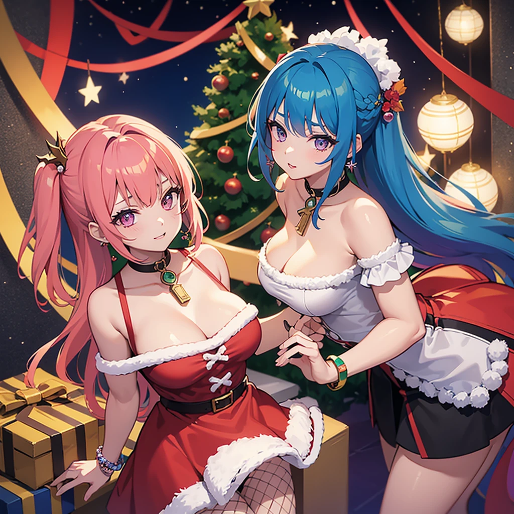 1 girl, bangss, hair blue, 弓, box, bracelet, christmas, christmas tree, cowboy shot, don, aretes, fishnet stocking, flowers, present, present box, hair ornament, Hamel, jewerly, gazing at viewer, multicolored hair, necklase, pantyhose, parted lips, purples eyes, red don, cinta, Pink, shorth hair, ssmile, standing alone, thicc thighs