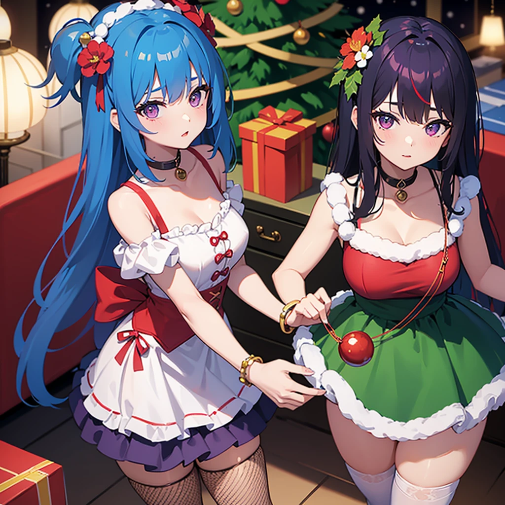 1 girl, bangss, hair blue, 弓, box, bracelet, christmas, christmas tree, cowboy shot, don, aretes, fishnet stocking, flowers, present, present box, hair ornament, Hamel, jewerly, gazing at viewer, multicolored hair, necklase, pantyhose, parted lips, purples eyes, red don, cinta, Pink, shorth hair, ssmile, standing alone, thicc thighs