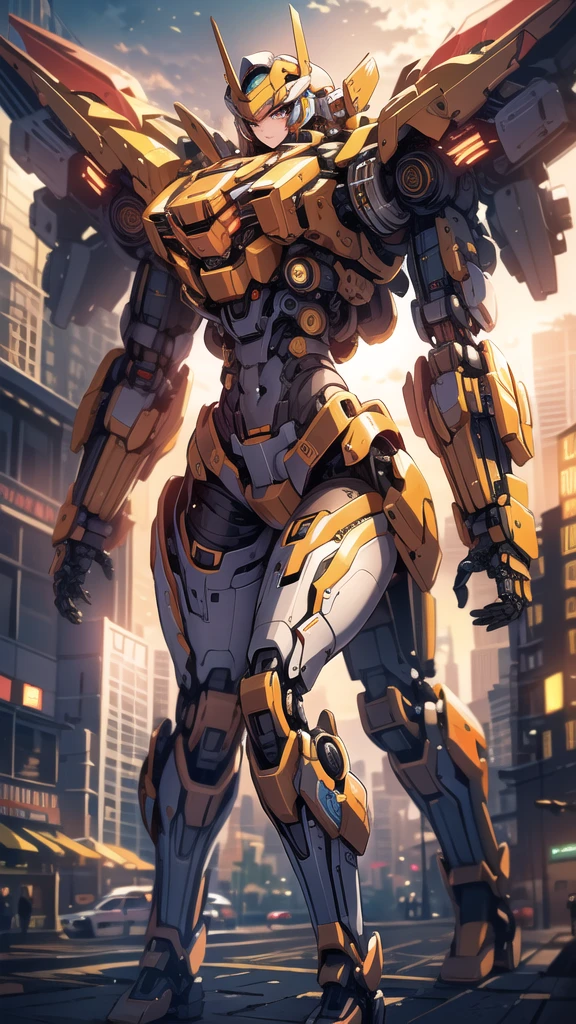 ((masterpiece, best quality)), Illustration, ultra-detailed 8K, realisti, Clear focus, muito detalhado, professional lightning, colorful details, Rainbow colors BREAK Factory Super Totale, (1 large mechanical robot), microchip, computers, luminescence, Intricate detailing, Shitu-mecha, 1 girl in the lower scale stands in front of the viewer, navel