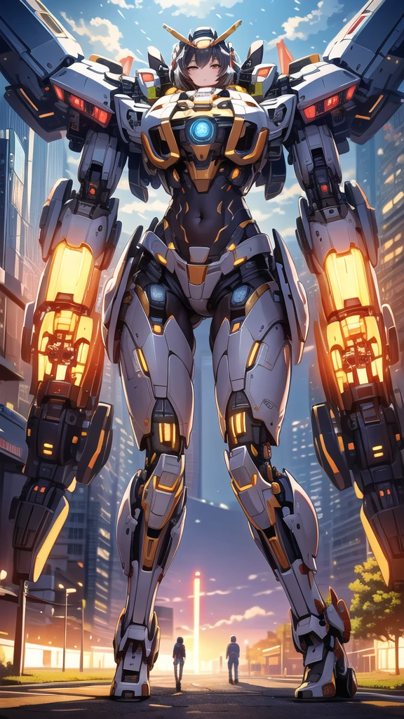 ((masterpiece, best quality)), Illustration, ultra-detailed 8K, realisti, Clear focus, muito detalhado, professional lightning, colorful details, Rainbow colors BREAK Factory Super Totale, (1 large mechanical robot), microchip, computers, luminescence, Intricate detailing, Shitu-mecha, 1 girl in the lower scale stands in front of the viewer, navel