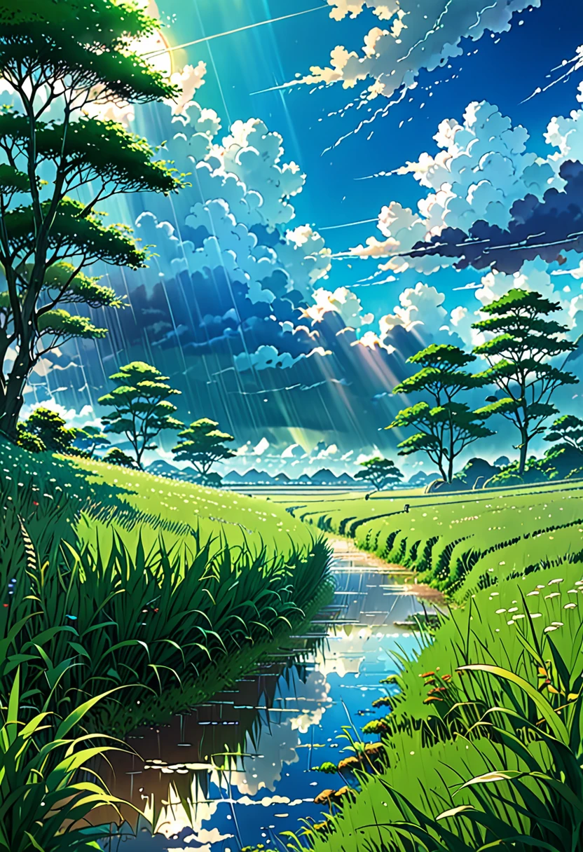 anime landscape ofgrass field while contemplating, detailed expression, heavy rain weather, the rain, the field is transformed into a dreamlike landscape straight out of a Studio Ghibli movie. The delicate details and vibrant colors make this a truly unique and captivating image. angle from below, sunlight ray,
, anime nature wallpapers, beautiful anime scene, beautiful anime peace scene, Makoto Shinkai Cyril Rolando, beautiful anime scene, amazing wallpaper, anime art wallpaper 8k, anime background, art anime background, anime 4k wallpaper, anime art 4k wallpaper, anime art 4k wallpaper,