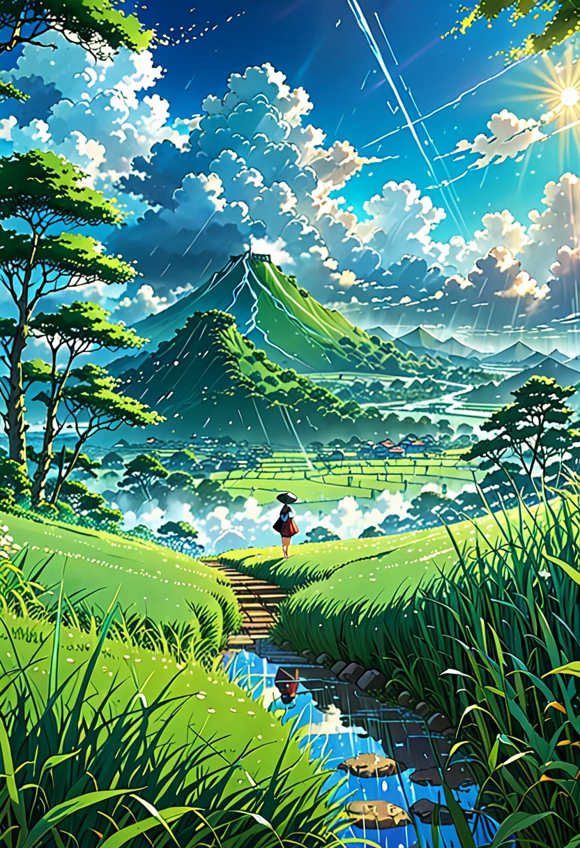 anime landscape ofgrass field while contemplating, detailed expression, heavy rain weather, the rain, the field is transformed into a dreamlike landscape straight out of a Studio Ghibli movie. The delicate details and vibrant colors make this a truly unique and captivating image. angle from below, sunlight ray,
, anime nature wallpapers, beautiful anime scene, beautiful anime peace scene, Makoto Shinkai Cyril Rolando, beautiful anime scene, amazing wallpaper, anime art wallpaper 8k, anime background, art anime background, anime 4k wallpaper, anime art 4k wallpaper, anime art 4k wallpaper,