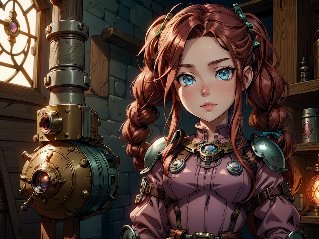 1girl, 1robot, girl artificer and her Steampunk robot posing for the camera. she is a ((young girl)), slim, long red hair in layered braids and pigtails, vibrant red hair. Blue eyes, narrow nose, (((detailed eyes))), round cheeks, full cheeks, youthful face, Soft jaw, round jaw, babyface, flat chest, tiny , bright smile, happy. Wearing a pink tunic and a dark blue skirt, pink rimmed glasses, bows in her hair, tool belt around her waist. She wears Steampunk gauntlets, shiny brass metal. Good eyes. (best quality,4k,8k,highres,masterpiece:1.2), castle ruins background. Fantasy setting , dressed for adventure, light armor, Steampunk goggles. Walking next to a small Steampunk robot with visible gears and pistons, made of copper and brass, large round eyes made of green crystal