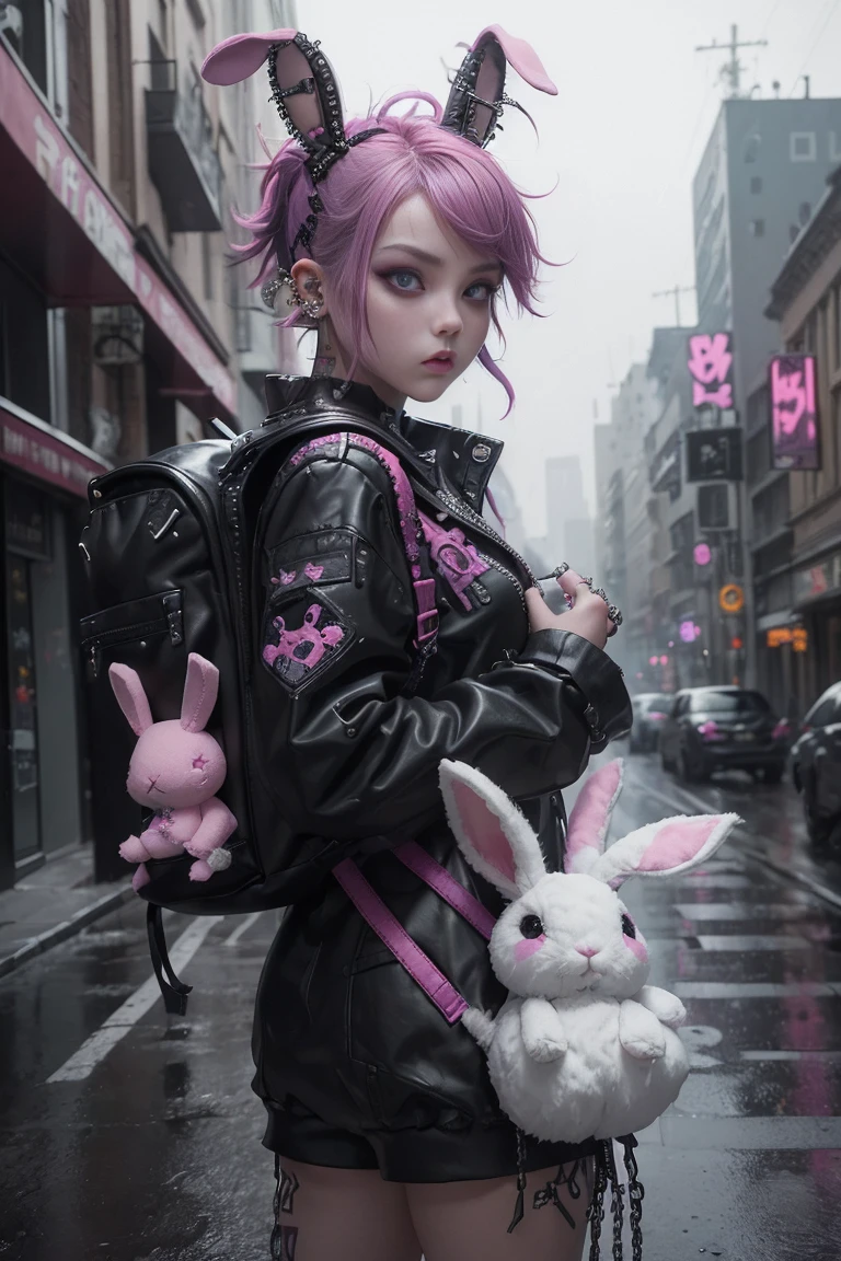 (highest quality、8k、32K、masterpiece、nffsw:1.3)、(Photoreal:1.4),(shoot from front,looking at viewer,1.5)、18-year-old punk girl,eccentric punk hair,(Multiple piercings on face1.5)、((Black and shocking red punk fashion 1.5)),clothes with studs、(1 holding a stuffed crazy bunny in his left hand.5)、black backpack on the back、(one with bright black and pink hair.5),Wacky makeup、、dark background、Desolate city in the rain、puddle on the road、(cinematic lighting)、Depth of the bounds written,blurred background、