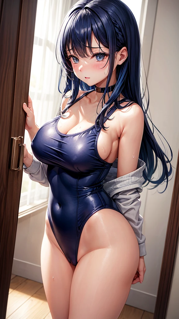 A beautiful woman wearing a navy blue school swimsuit that is so shiny it reflects light.、high school girl、Blue Hair、Obscene pose、She's a pervert、blush、Breast size of F cup、Big Butt、Heavy sweat all over the body、Love juice drips from the pussy、Squirting from pussy、Love juice overflows、Excessive sweating from underarms、A lot of pubic hair growing from the pussy