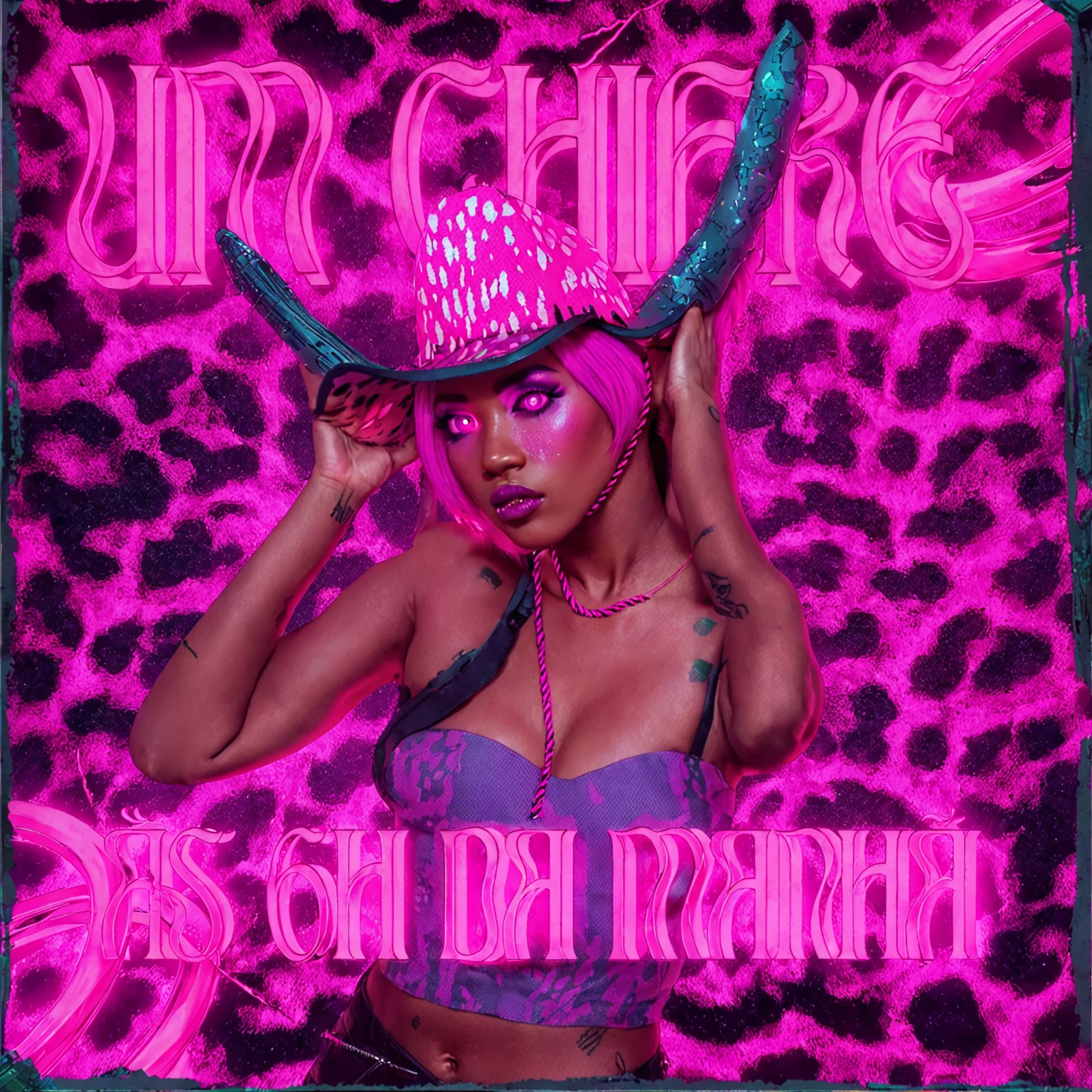 Cyberpunk, a light skin woman wearink pink cybernetic clothes and a hat with horns, album cover, ultra quality, 8k, cinematic scene, cyberpunk afro, pink hair and eyes, neon eyes
