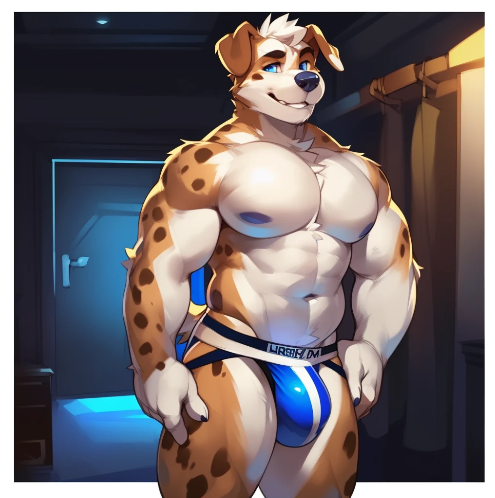 Solo, male (((domestic dog, blue eyes, blue iris, black pupils, athletic, big pecs, abs, folded ears, white body, white fur, brown ears, mostly brown ears, brown spots on legs, white abdomen, white head, thin waist, mostly white fur, black jockstrap, big bulge))) standing, bedroom, flustered expression, full body, perfect anatomy, by darkgem, by mystikfox61, by glitter trap boy