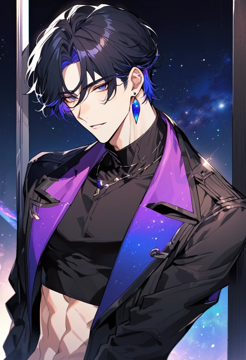 a handsome young man, he wears galaxy colored earrings, he looks so mysterious, He was dressed in a black shirt with his black coat hanging over his shoulder. Manhwa style.