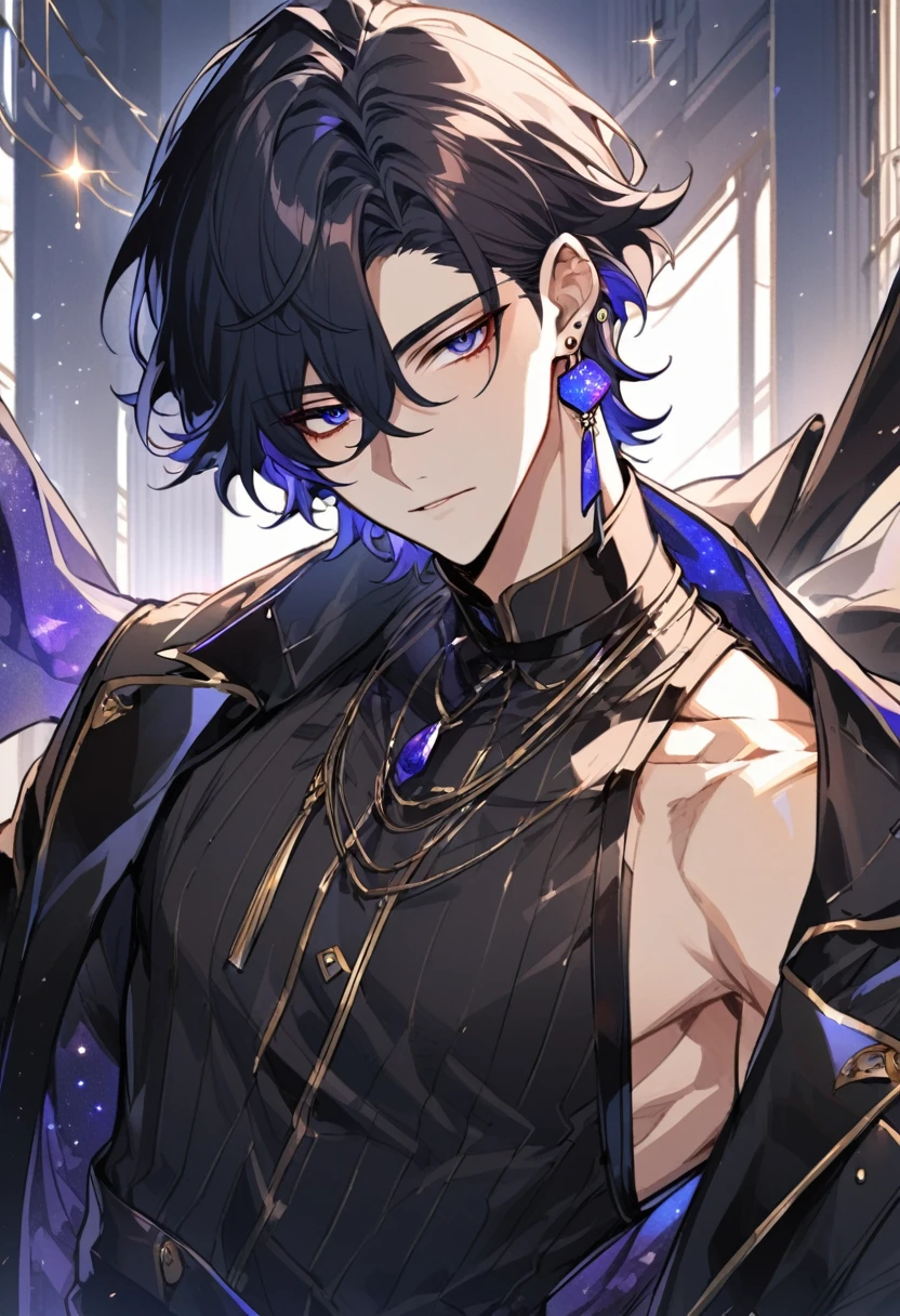 a handsome young man, he wears galaxy colored earrings, he looks so mysterious, He was dressed in a black shirt with his black coat hanging over his shoulder. Manhwa style.