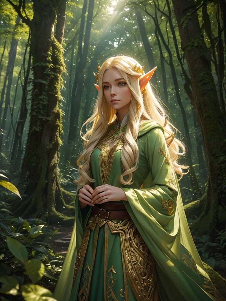 "Elf with a captivating look, ethereal beauty, flowing golden hair, pointy ears, adorned with elaborate elf costume, surrounded by mystical forest, Gentle sunlight, that falls through lush green."