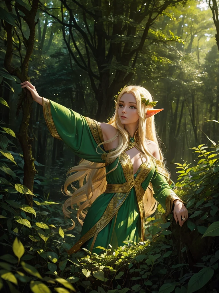 "Elf with a captivating look, ethereal beauty, flowing golden hair, pointy ears, adorned with elaborate elf costume, surrounded by mystical forest, Gentle sunlight, that falls through lush green."