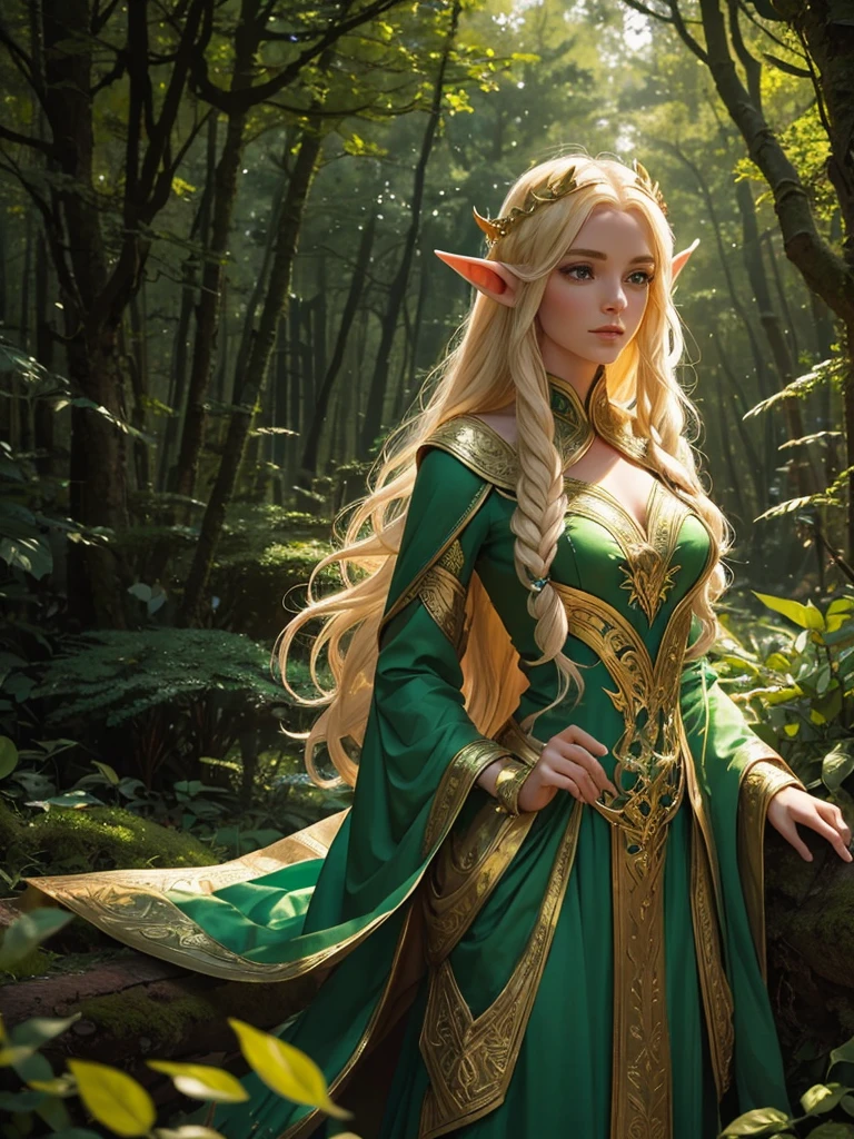 "Elf with a captivating look, ethereal beauty, flowing golden hair, pointy ears, adorned with elaborate elf costume, surrounded by mystical forest, Gentle sunlight, that falls through lush green."