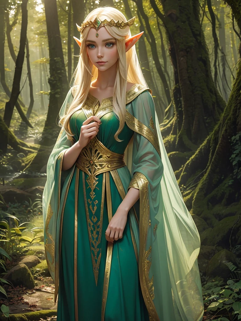 "Elf with a captivating look, ethereal beauty, flowing golden hair, pointy ears, adorned with elaborate elf costume, surrounded by mystical forest, Gentle sunlight, that falls through lush green."