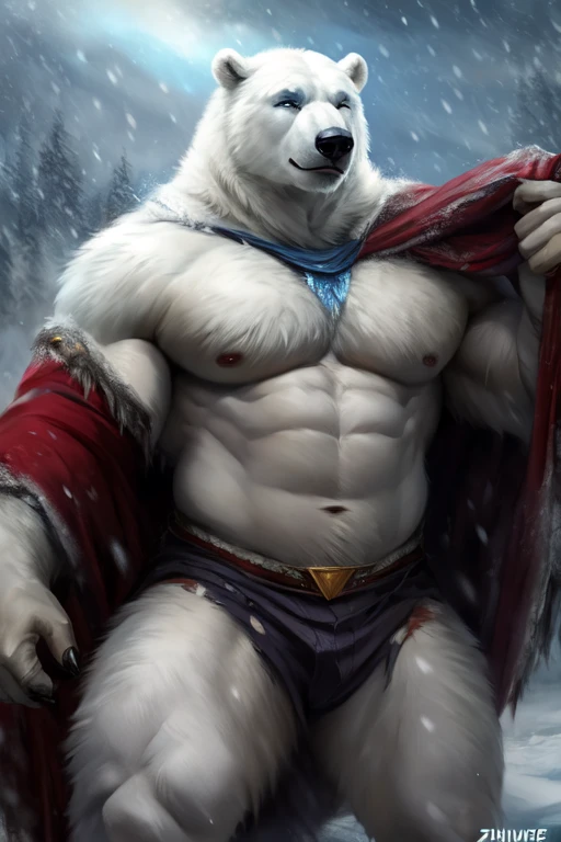 Polar bear stands looking at the sky Medium muscular, frozen planet setting, snowstorm , zoomed in on crotch, , chunie, darkgem, He uses an old, torn blanket made of animal hide as a garment for his body.