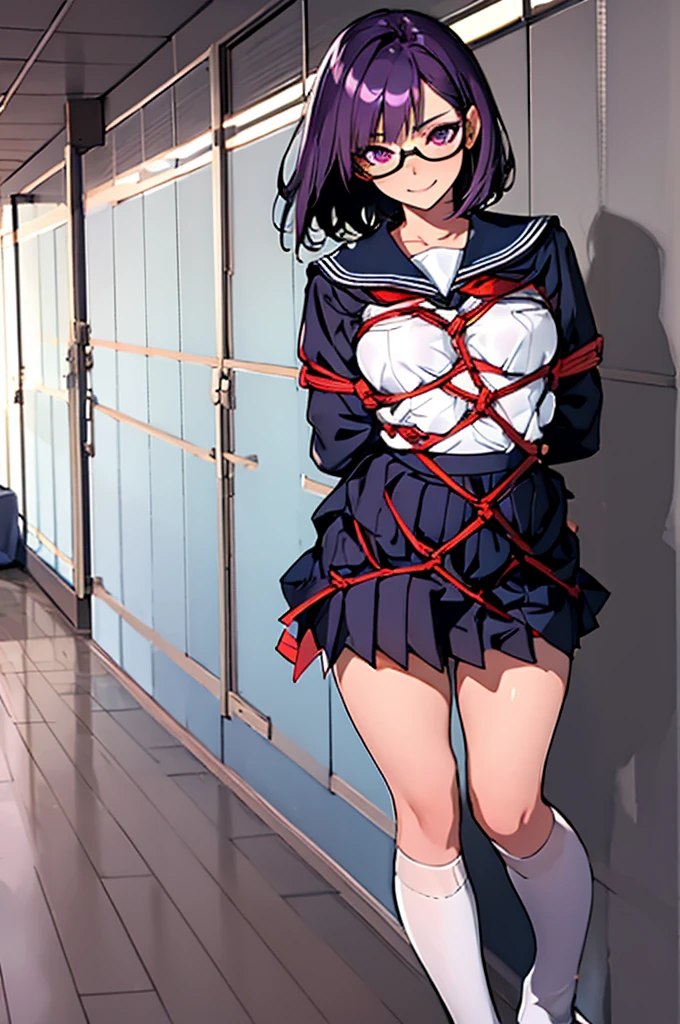 (masterpiece), best quality, expressive eyes, highres, anatomically correct, 1girl, perfect face, perfect hands, female, short hair, messy hair, wavy hair, purple hair, side bang, purple eyes, fair skin, medium chest, slight smirk, bondage, tied up, restrained, restricted, tied, harness, rope, arms behind back, hands behind back, purple glasses, school girl, school outfit, tight skirt, standing up, on feet, school hallway, school, hall way