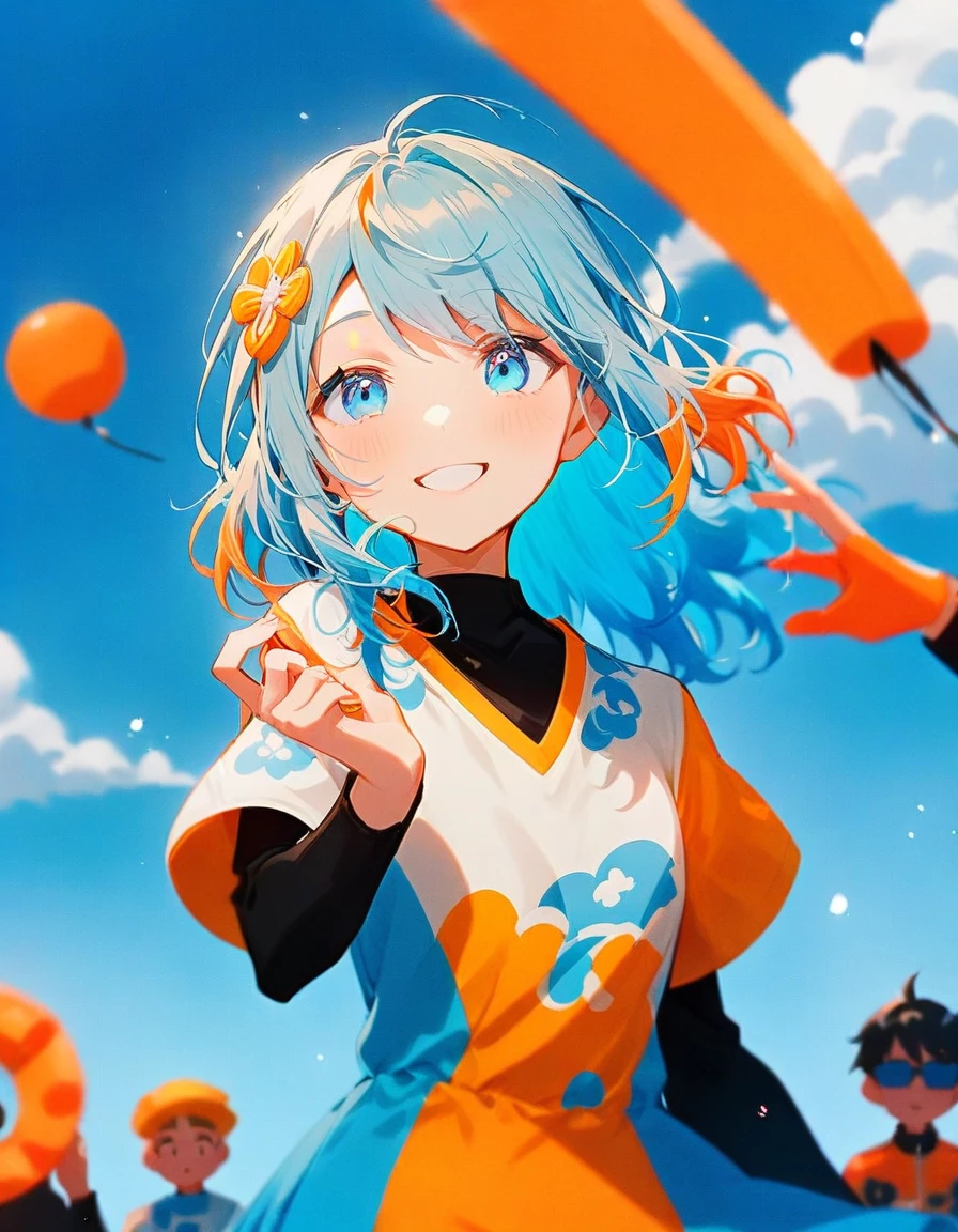 Whole body expression、1 girl、blue eyes、blue sky景色、bright、blue sky、cloud、sunny、youth、Blue and white main color、Orange sub-color、ink、Solo Focus、cool、love、accessories、smile、Beautiful hairstyle、綺麗なblue eyes、Background main glossy、Tsundere、