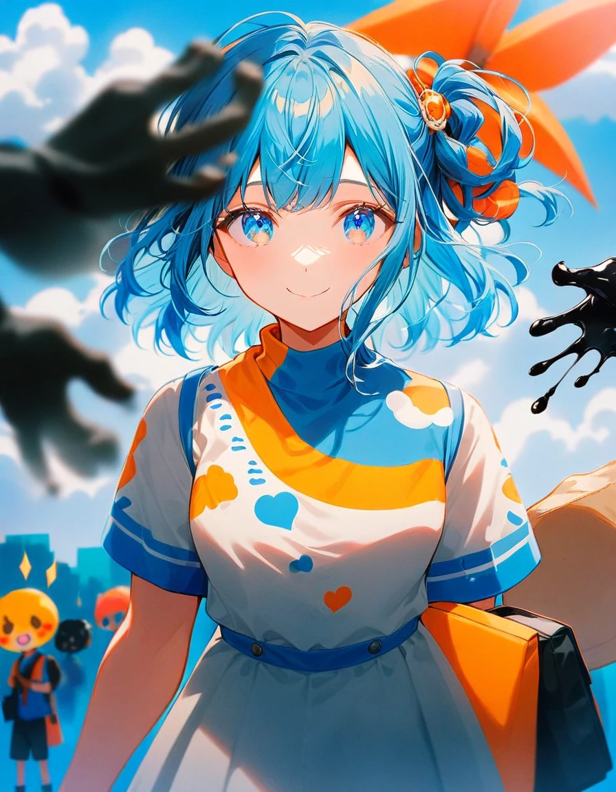 Whole body expression、1 girl、blue eyes、blue sky景色、bright、blue sky、cloud、sunny、youth、Blue and white main color、Orange sub-color、ink、Solo Focus、cool、love、accessories、smile、Beautiful hairstyle、綺麗なblue eyes、Background main glossy、Tsundere、