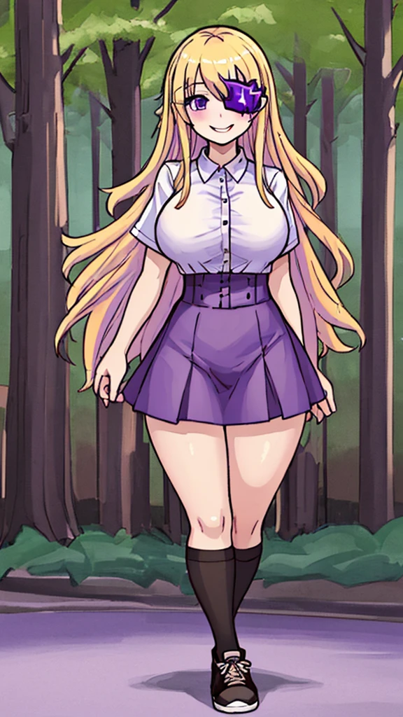 ((Best Quality)), ((Masterpiece)), (detailed), 1 girl, white button-down t-shirt, purple skirt, high brown stockings, black high-heeled sneakers, Pastel yellow hair, long hair, hair covers one eye, purple eyes, tight, big breasts, big thighs, expression smiling shy, walking in a park