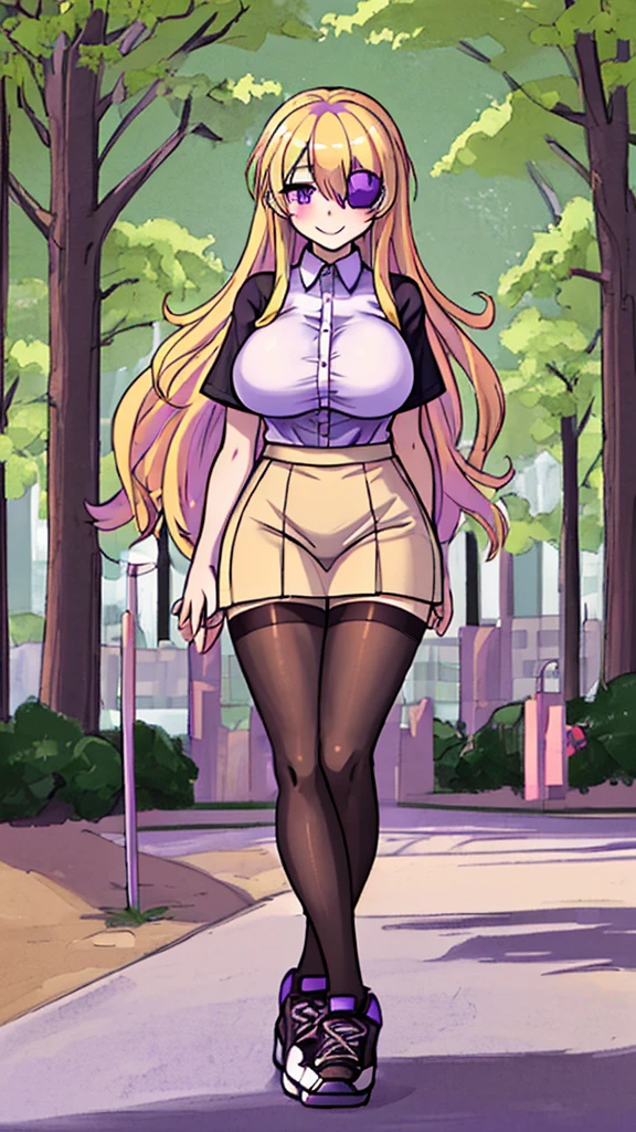 ((Best Quality)), ((Masterpiece)), (detailed), 1 girl, white button-down t-shirt, purple skirt, high brown stockings, black high-heeled sneakers, Pastel yellow hair, long hair, hair covers one eye, purple eyes, tight, big breasts, big thighs, expression smiling shy, walking in a park