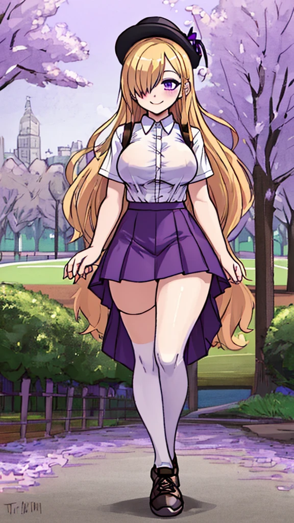 ((Best Quality)), ((Masterpiece)), (detailed), 1 girl, white button-down t-shirt, purple skirt, high brown stockings, black high-heeled sneakers, Pastel yellow hair, long hair, hair covers one eye, purple eyes, tight, big breasts, big thighs, expression smiling shy, walking in a park