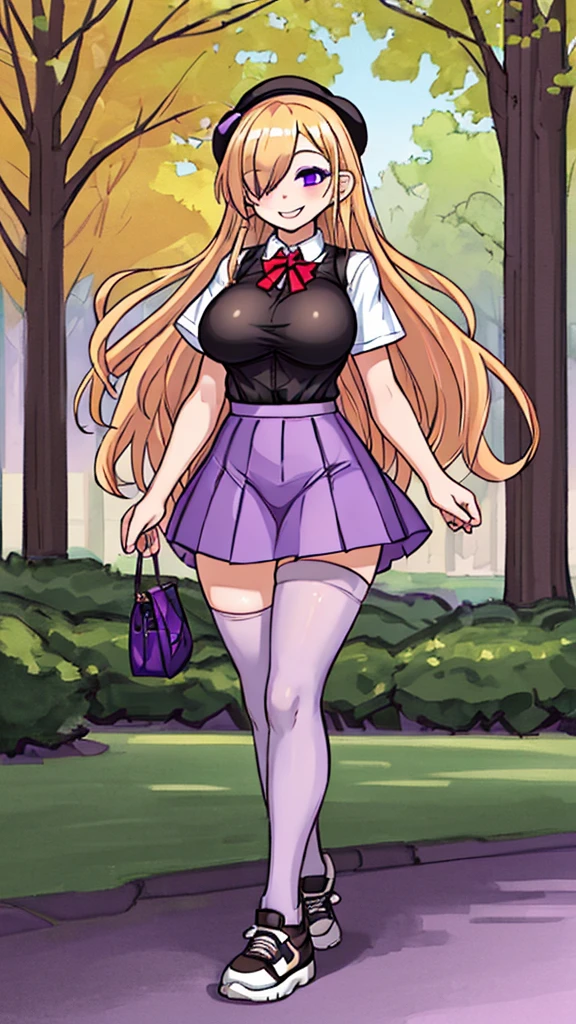 ((Best Quality)), ((Masterpiece)), (detailed), 1 girl, white button-down t-shirt, purple skirt, high brown stockings, black high-heeled sneakers, Pastel yellow hair, long hair, hair covers one eye, purple eyes, tight, big breasts, big thighs, expression smiling shy, walking in a park