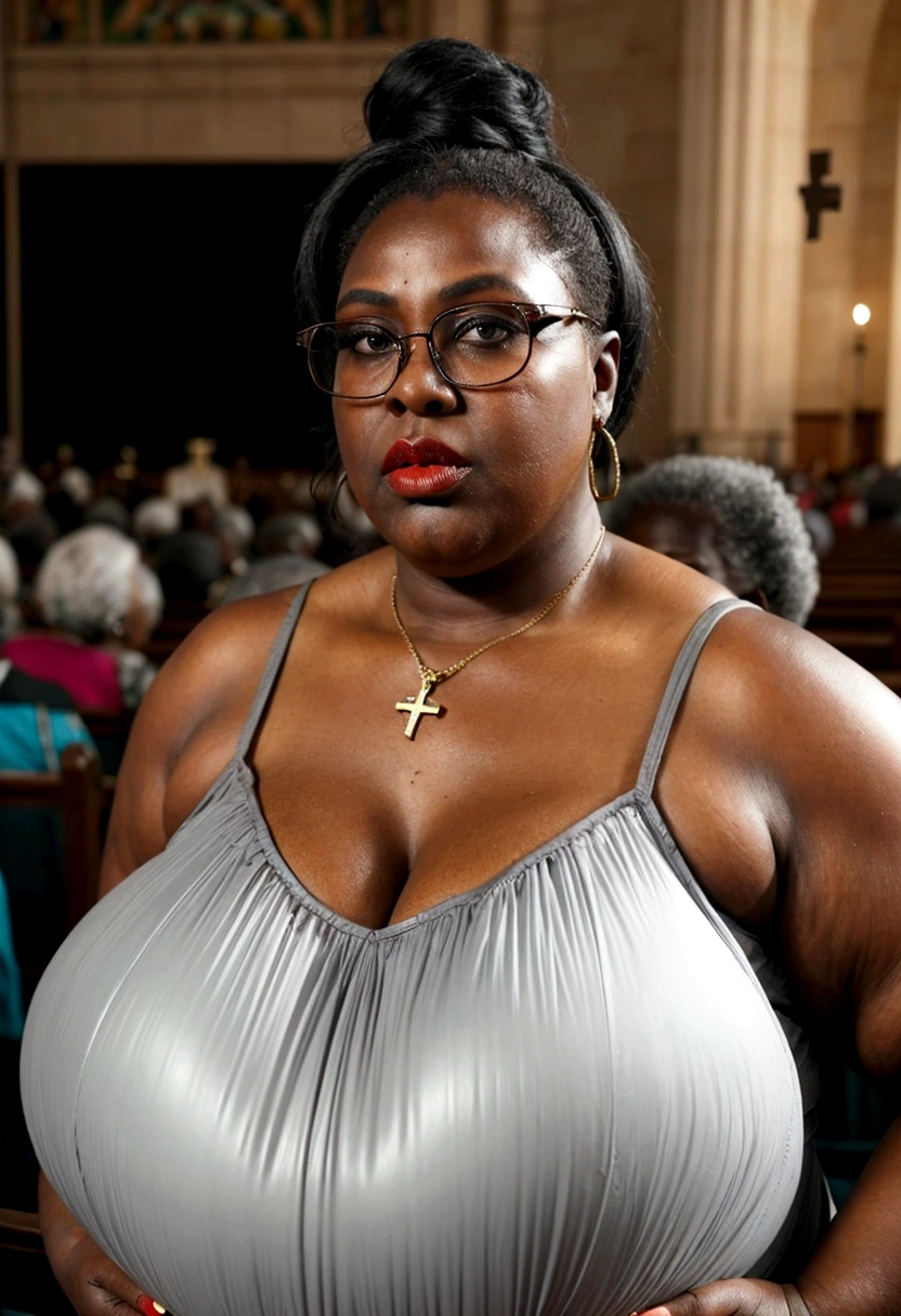 obese 70 year old black African elderly grandma, ginormous obnoxious ultra wide hanging oversize inflated breasts,intricate, super highly detailed, high resolution, high quality, ultra realism,detailed eyes, highest quality,in a church pew,church sanctuary,((crowd of people,audience:1.4)), ((she has an extreme case of gigantomastia,dark skin, extreme gross cleavage,hanging,inflated,and saggy breasts, macromastia, and breast hypertrophy, ethnic gray hair,obesity, and old age:1.4)),
((she is wearing heavy makeup, dark skin,glasses, bright red lipstick, a large cross pendant,clergy collar,and tattoos)), (((indoor religious church ceremony))),