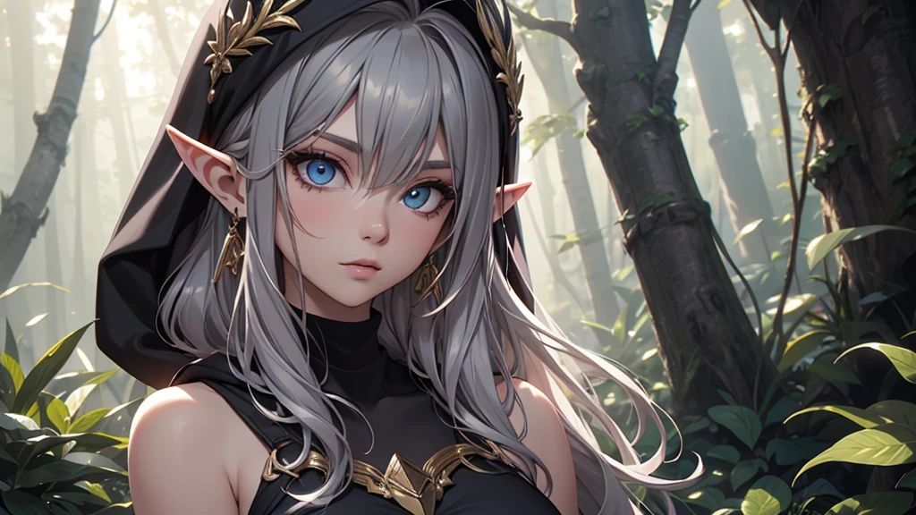 White elf girl, dark grey hair colour, "Elf with a captivating look, ethereal beauty, flowing golden hair, pointy ears, adorned with elaborate elf costume, surrounded by mystical forest, Gentle sunlight, that falls through lush green.", dreamy look detailed eyes, detailed face, detailed skin, extremely detail, beautiful and aesthetic, masterpiece, best quality, Show shoulders. Fishnet fabric, round chin shape. wear a black hood over your hair. shows the entire upper body and face. wears a black hood, lots of flairs in the background, zoomed out, Black and white. glowing,