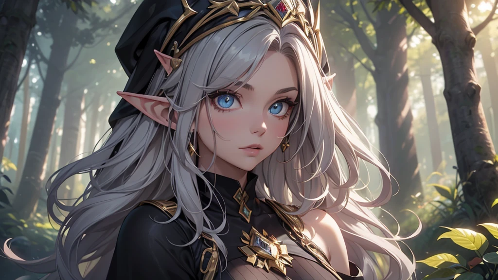White elf girl, dark grey hair colour, "Elf with a captivating look, ethereal beauty, flowing golden hair, pointy ears, adorned with elaborate elf costume, surrounded by mystical forest, Gentle sunlight, that falls through lush green.", dreamy look detailed eyes, detailed face, detailed skin, extremely detail, beautiful and aesthetic, masterpiece, best quality, Show shoulders. Fishnet fabric, round chin shape. wear a black hood over your hair. shows the entire upper body and face. wears a black hood, lots of flairs in the background, zoomed out, Black and white. glowing,