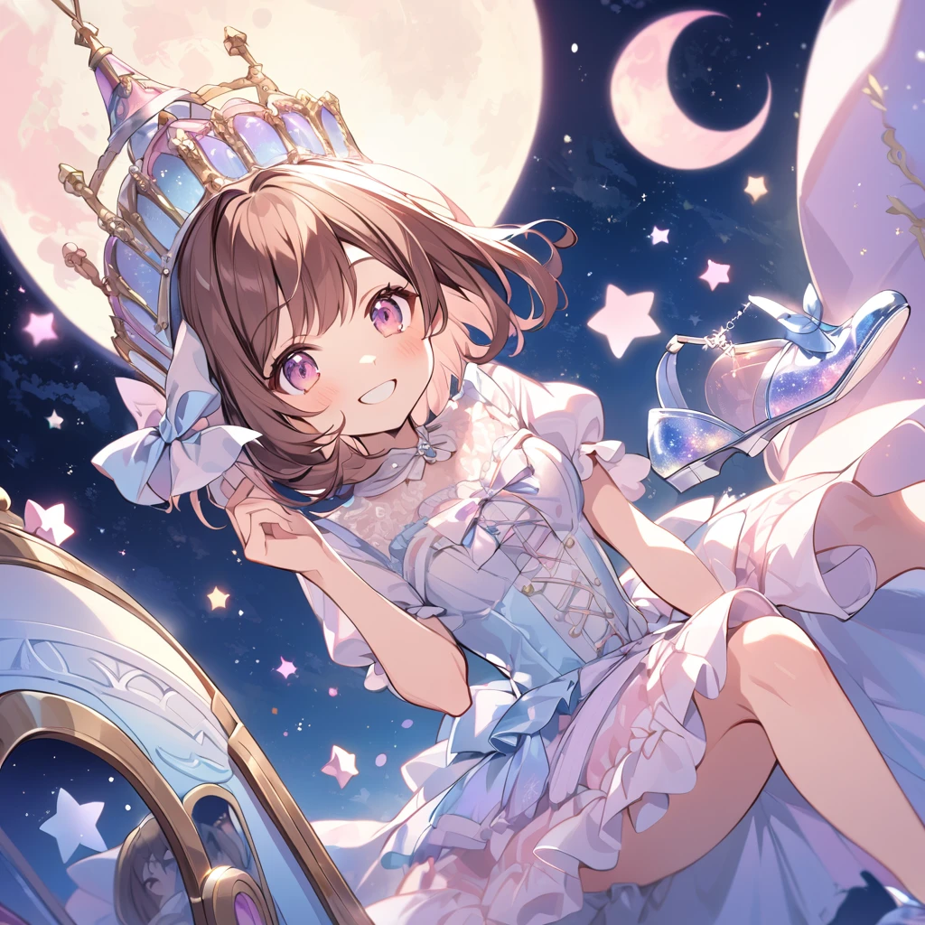 nice, Solitary, 1 female, Medium Length Hair, Brown hair, Pink highlights at the tip, Light pink eyes,Smiling face,Moon Carriage,Cinderella,Glass shoes，Starry Sky
