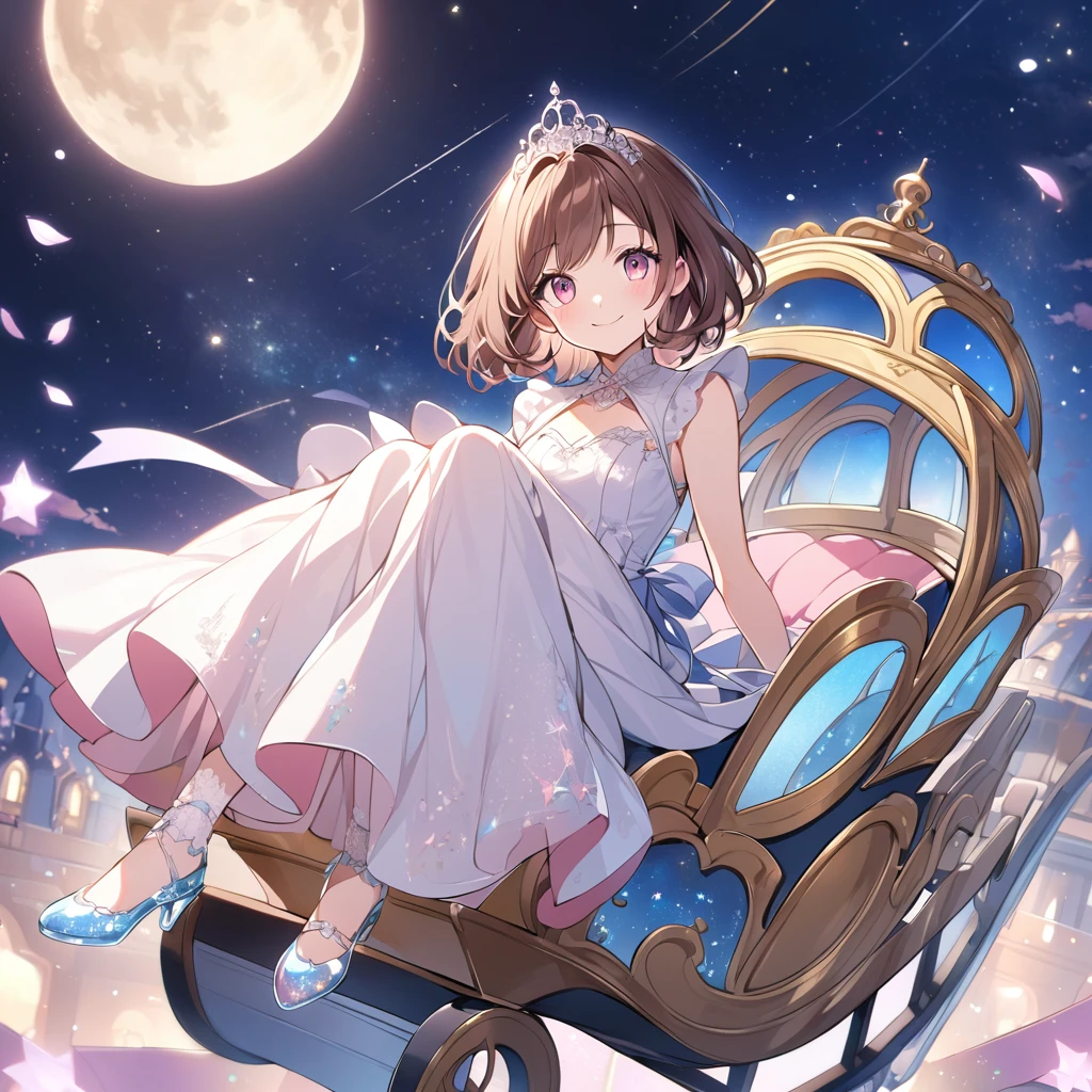 nice, Solitary, 1 female, Medium Length Hair, Brown hair, Pink highlights at the tip, Light pink eyes,Smiling face,Moon Carriage,Cinderella,Glass shoes，Starry Sky